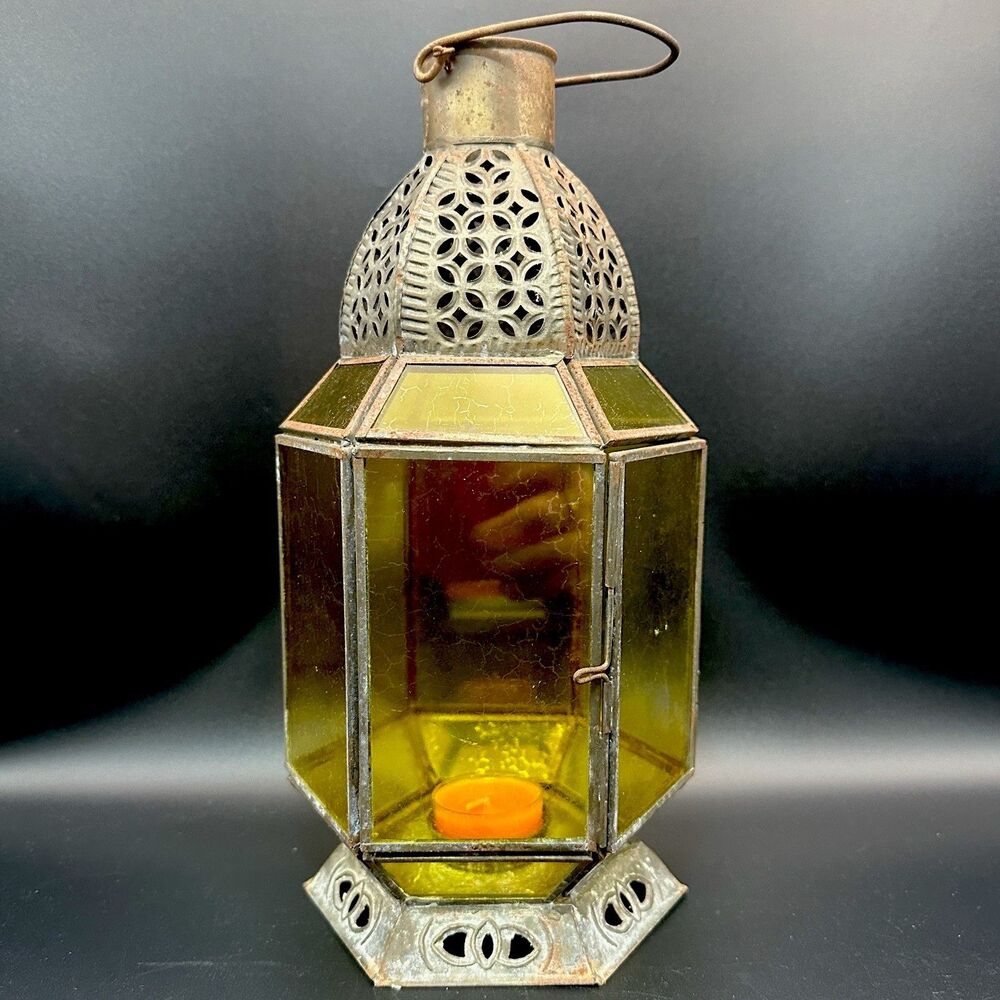 Vintage Moroccan Oriental Lantern Yellow Tinted Glass Candle Holder Boho Decor